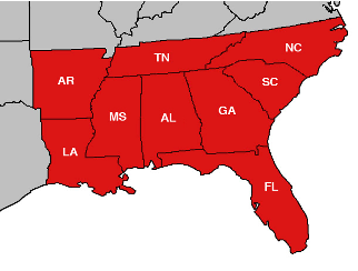 Map of several states with Florida in red