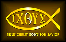 stylized fish symbol with the letters Ichthus in Greek within.