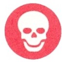 Solid red circle with white skull in the middle