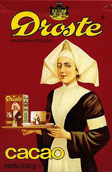 an advertisement for droste cacao depicting a woman in period dress holding a tray with the product on it.  the box and mug bear her and the product name on them.  All this is on a dark red background.