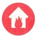 red circle with solid white house image and red fire flame inside