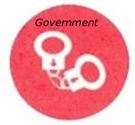 Large red circle with white handcuffs in it and the word "Government" written on it.
