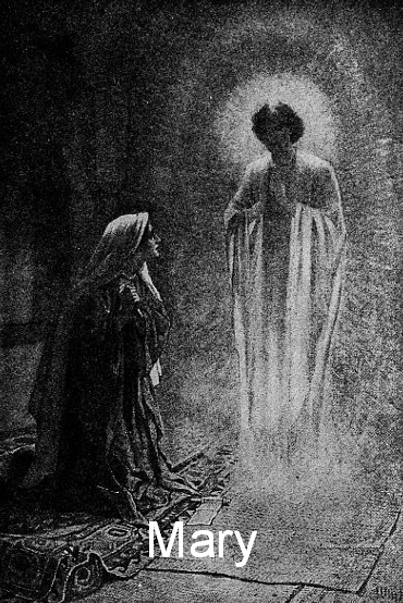 Black and white drawing of the Angel Gabriel giving Mary the good news.