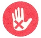 red solid circle with solid white palm of a hand and red X on the palm