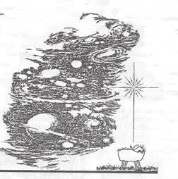 Artists pen and ink rendition of the universe with a star over the creche of Christ