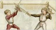 Artists rendition of sword and buckler combat