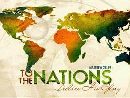 A artists rendition of the sprea global map of the nations with the words, To The Nations Declare His Glory written on it with the scriptural reference