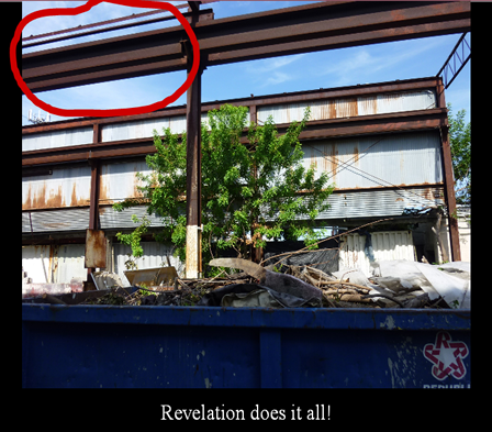 A black framed photo of an abandoned building and the tress is part of the framing of the building structure. The words Revelation does it all are written on the black portion.