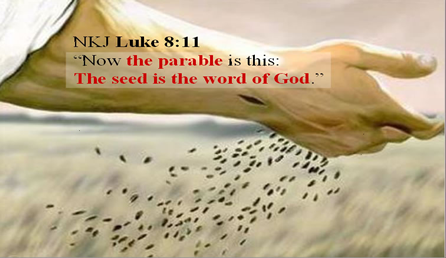 Picture of the arm of a farmer who has a healed hole on his wrist,  casting seed into a field with the scripture Luke 8:11 written on it