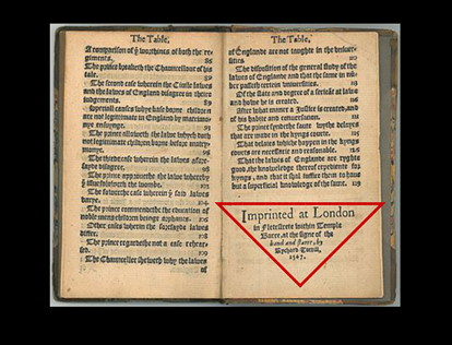 Image of an open book with the Publishers information highlighted by a red inverted triangle